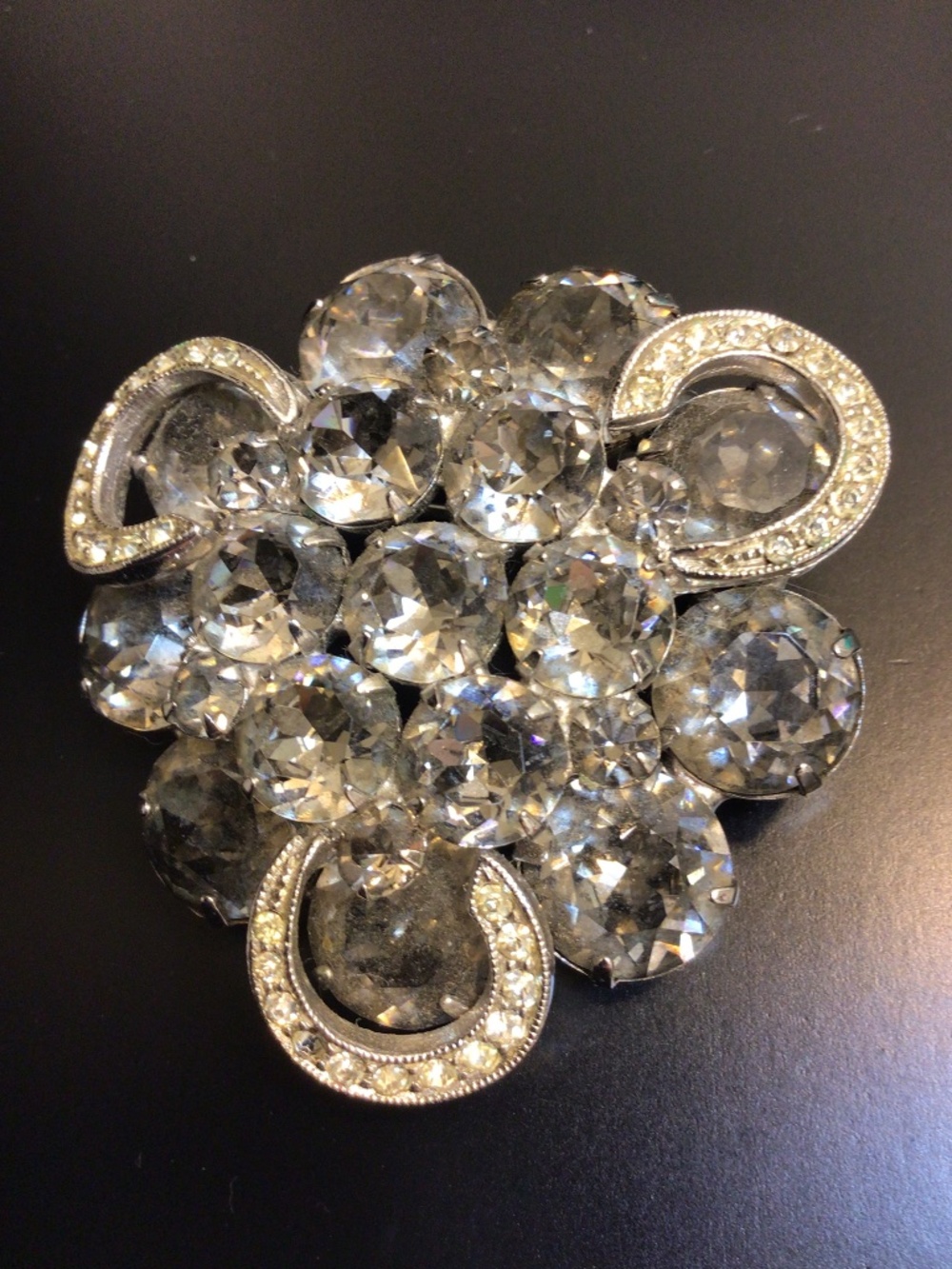 Mid-century Albert Weiss Smoky Rhinestone Flower Brooch “Black Diamonds” 1950s